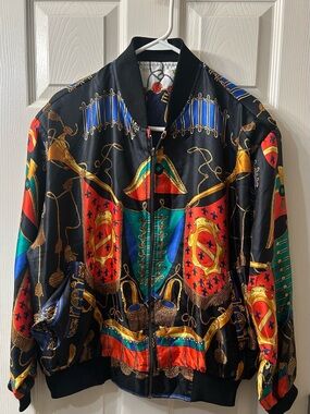 SILKY  VINTAGE ORNATE TRUMPETS AND DRUMS REVERSIBLE BOMBER JACKET